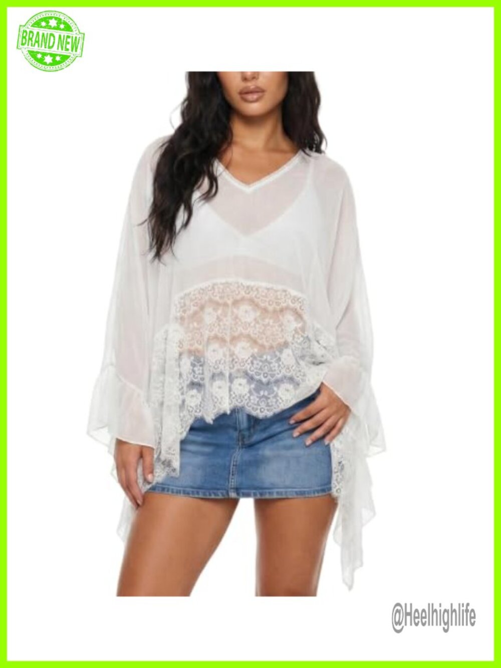 Women Sheer Lace Poncho Top Batwing Sleeve Boho Beach Cover-Up
